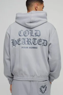 Hot boohooMAN Oversized Boxy Heart Printed Twisted Drawcords Zip Through Hoodie grey marl