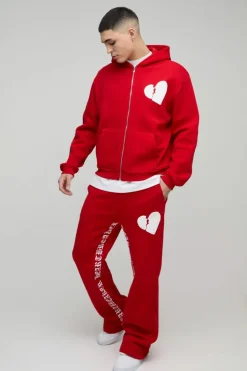 Cheap boohooMAN Oversized Boxy Hearts Puff Print Flare Gusset Print Hooded Tracksuit red
