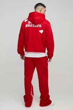 Cheap boohooMAN Oversized Boxy Hearts Puff Print Flare Gusset Print Hooded Tracksuit red