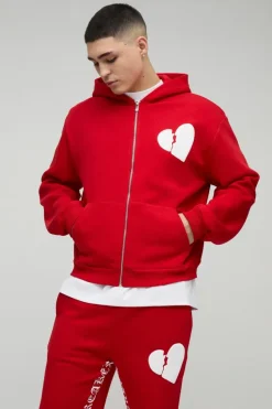 Cheap boohooMAN Oversized Boxy Hearts Puff Print Flare Gusset Print Hooded Tracksuit red
