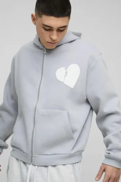 Best Sale boohooMAN Oversized Boxy Hearts Puff Print Zip Through Hoodie grey