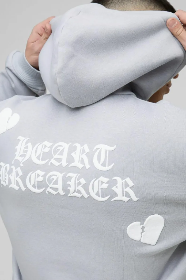 Best Sale boohooMAN Oversized Boxy Hearts Puff Print Zip Through Hoodie grey