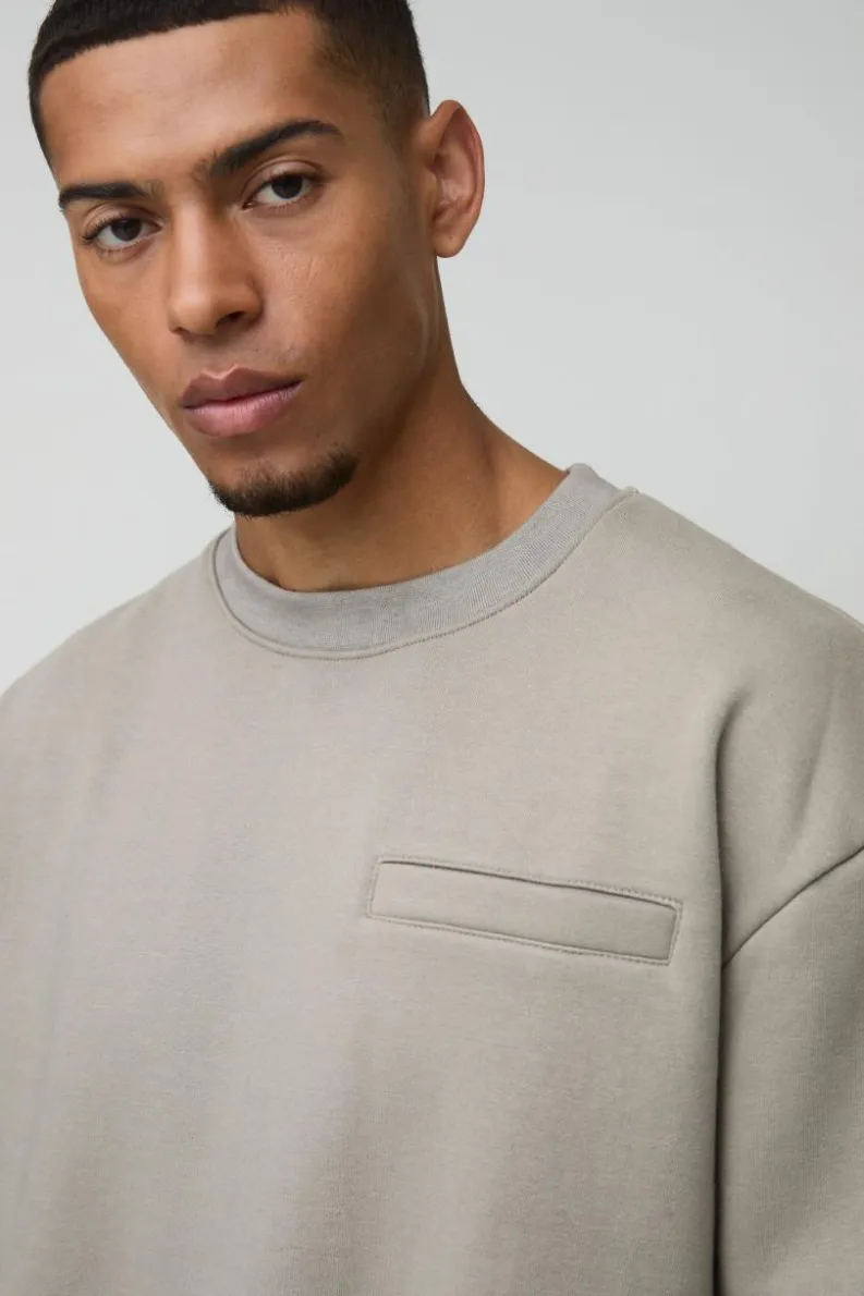 Hot boohooMAN Oversized Boxy Heavyweight 3D Print Pocket Sweatshirt taupe