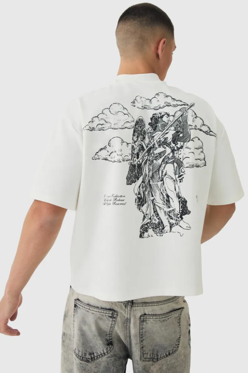 Hot boohooMAN Oversized Boxy Heavyweight Half Sleeve Renaissance Printed T-Shirt ecru