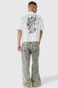 Hot boohooMAN Oversized Boxy Heavyweight Half Sleeve Renaissance Printed T-Shirt ecru