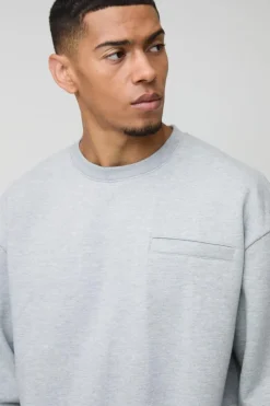 Cheap boohooMAN Oversized Boxy Heavyweight Print Pocket Sweatshirt ash grey