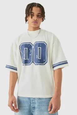 Fashion boohooMAN Oversized Boxy Heavyweight Waffle Varsity T-shirt ecru