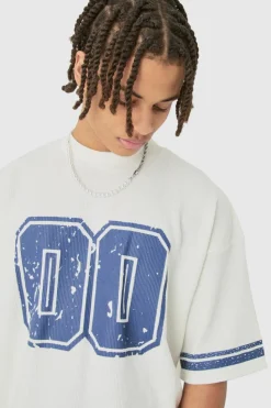 Fashion boohooMAN Oversized Boxy Heavyweight Waffle Varsity T-shirt ecru