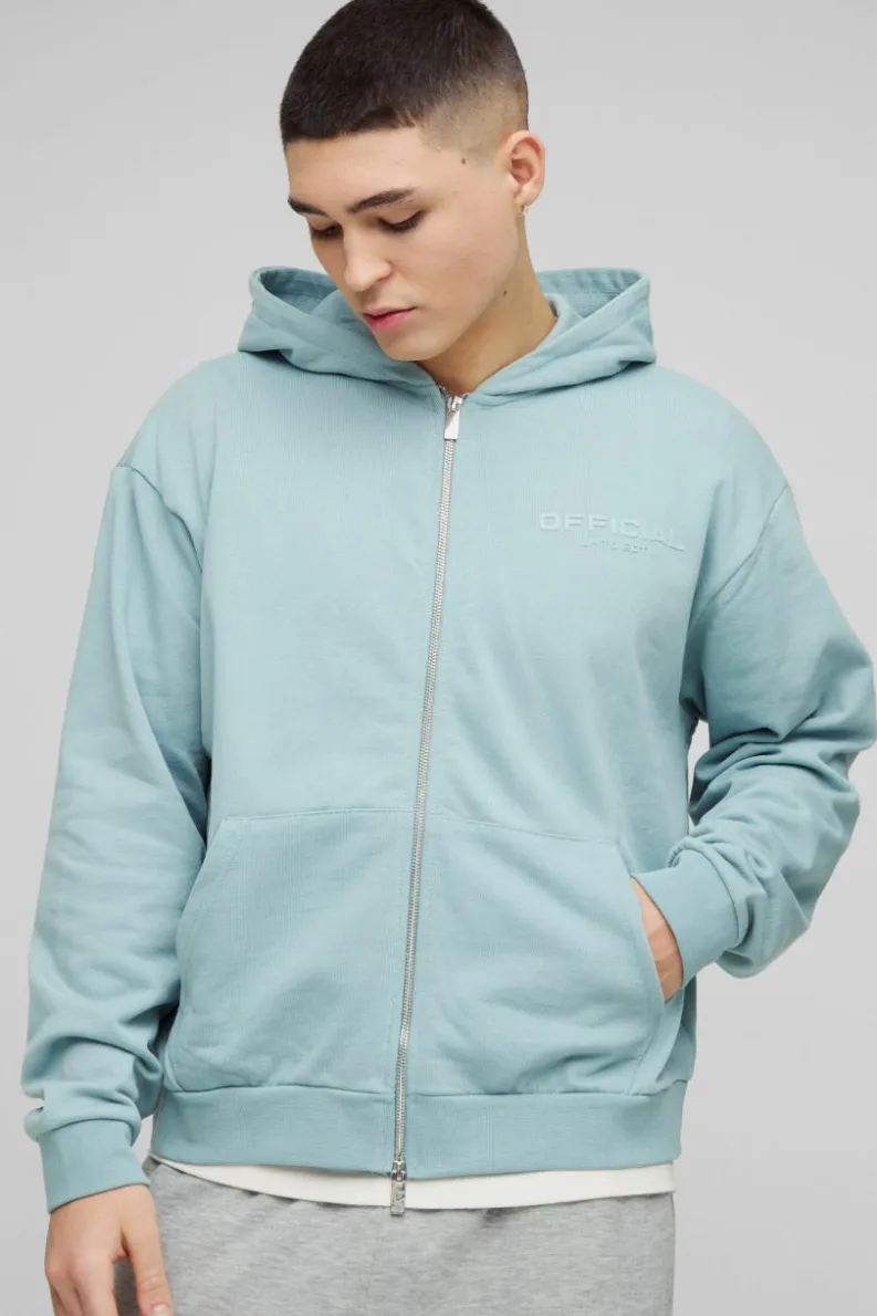 Store boohooMAN Oversized Boxy Heavyweight Zip Through Hoodie dusty blue