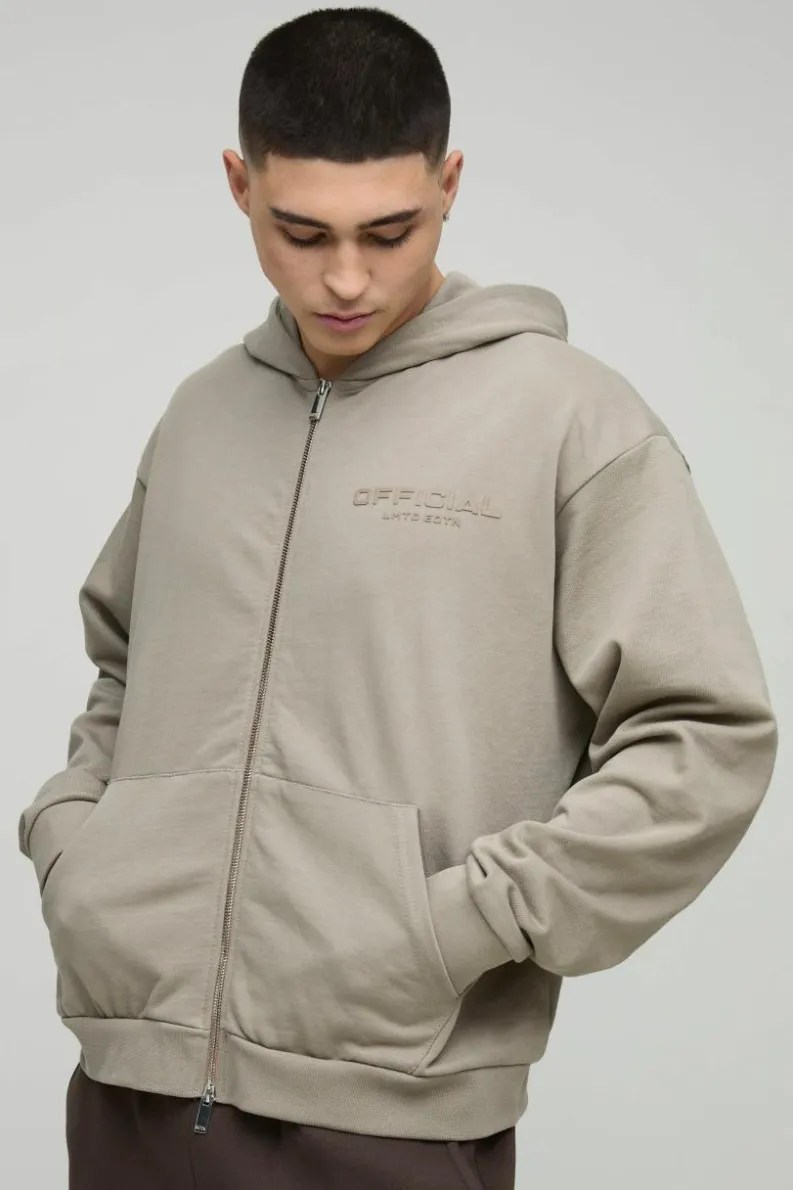 Shop boohooMAN Oversized Boxy Heavyweight Zip Through Hoodie stone