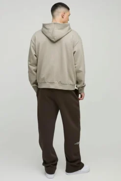 Shop boohooMAN Oversized Boxy Heavyweight Zip Through Hoodie stone