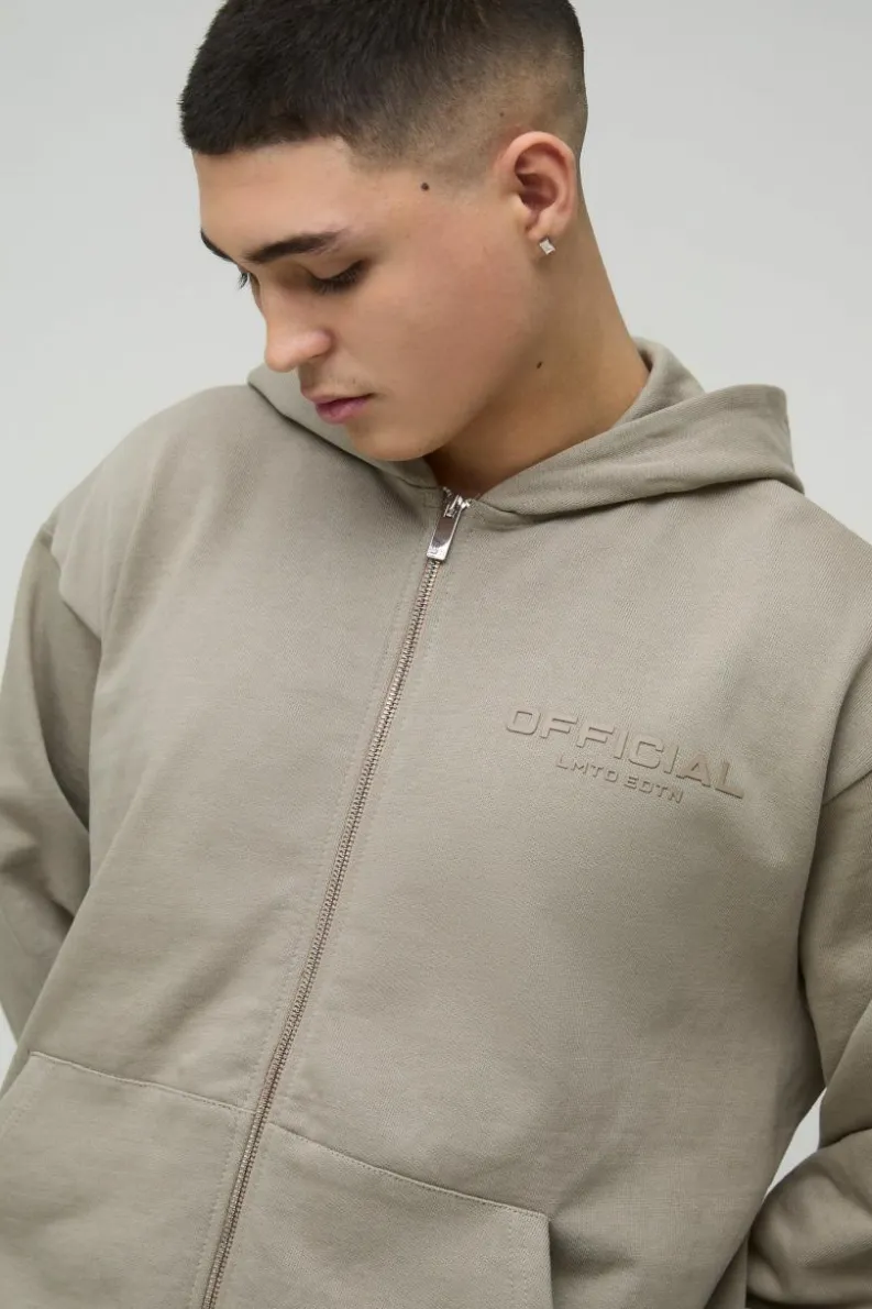 Shop boohooMAN Oversized Boxy Heavyweight Zip Through Hoodie stone