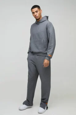 Online boohooMAN Oversized Boxy Herringbone Woven Tab Hooded Tracksuit charcoal