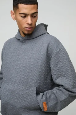 Online boohooMAN Oversized Boxy Herringbone Woven Tab Hooded Tracksuit charcoal