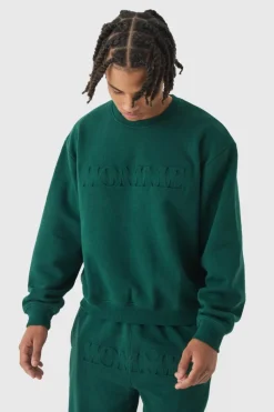 Cheap boohooMAN Oversized Boxy Homme Embossed Sweatshirt Tracksuit forest