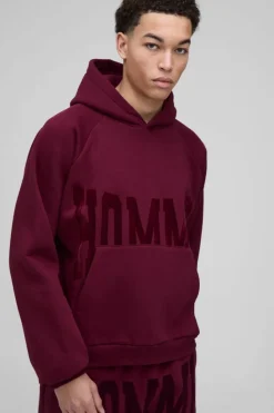 Flash Sale boohooMAN Oversized Boxy Homme Flock Print Raglan Hoodie burgundy