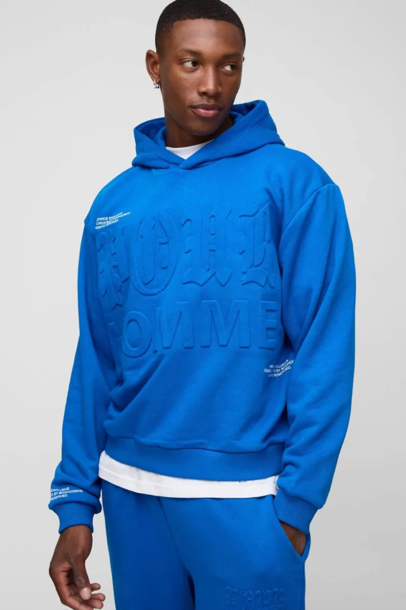 Discount boohooMAN Oversized Boxy Homme Printed Embossed Hoodie cobalt