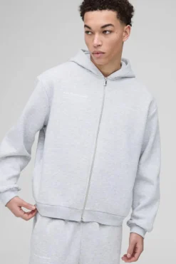 Shop boohooMAN Oversized Boxy Homme Print Zip Through Hooded Tracksuit grey marl
