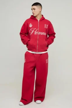 Cheap boohooMAN Oversized Boxy Homme 13 Zip Through Extreme Wide Leg Tracksuit red