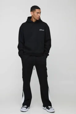 Flash Sale boohooMAN Oversized Boxy Hoodie & Raw Hem Cargo Gusset Jogger Tracksuit black