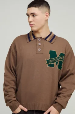 Outlet boohooMAN Oversized Boxy Knitted Applique Polo Shirt tan