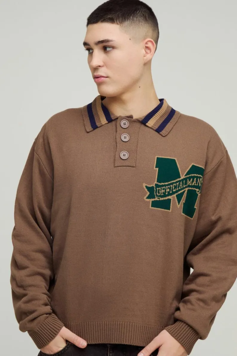 Outlet boohooMAN Oversized Boxy Knitted Applique Polo Shirt tan