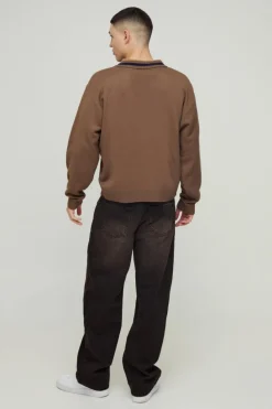 Outlet boohooMAN Oversized Boxy Knitted Applique Polo Shirt tan