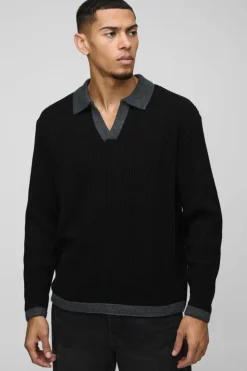 Fashion boohooMAN Oversized Boxy Knitted Revere Contrast Polo black
