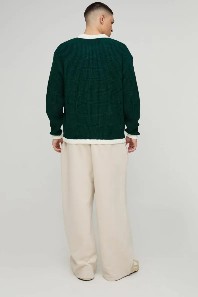 Outlet boohooMAN Oversized Boxy Knitted Revere Contrast Polo forest