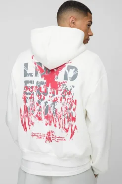 Online boohooMAN Oversized Boxy Large Scale Gothic Print Zip Through Hoodie ecru