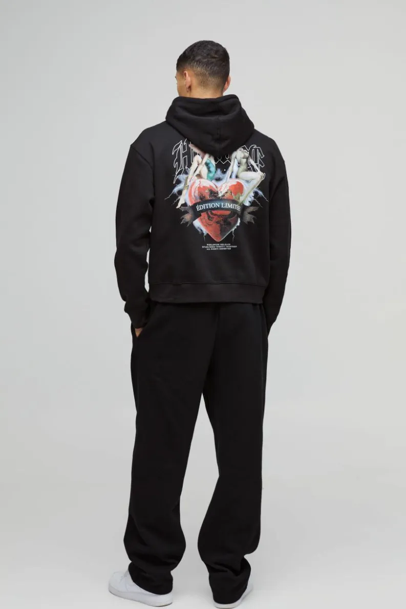 Clearance boohooMAN Oversized Boxy Limited Edition Heart Gothic Graphic Hoodie black