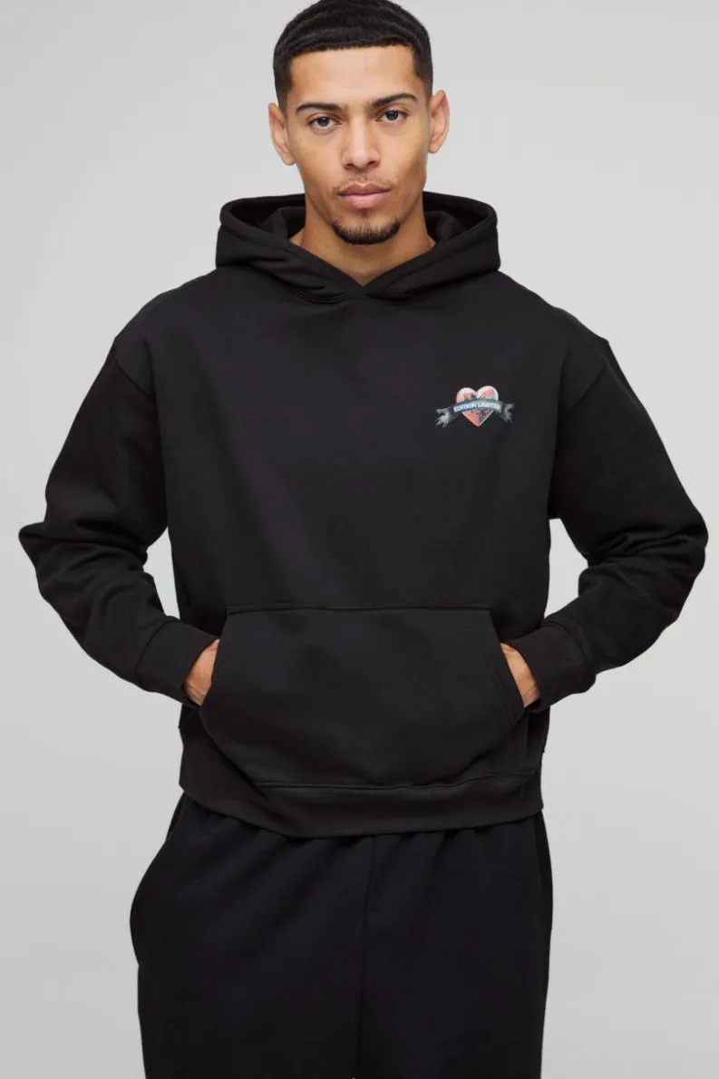 Clearance boohooMAN Oversized Boxy Limited Edition Heart Gothic Graphic Hoodie black