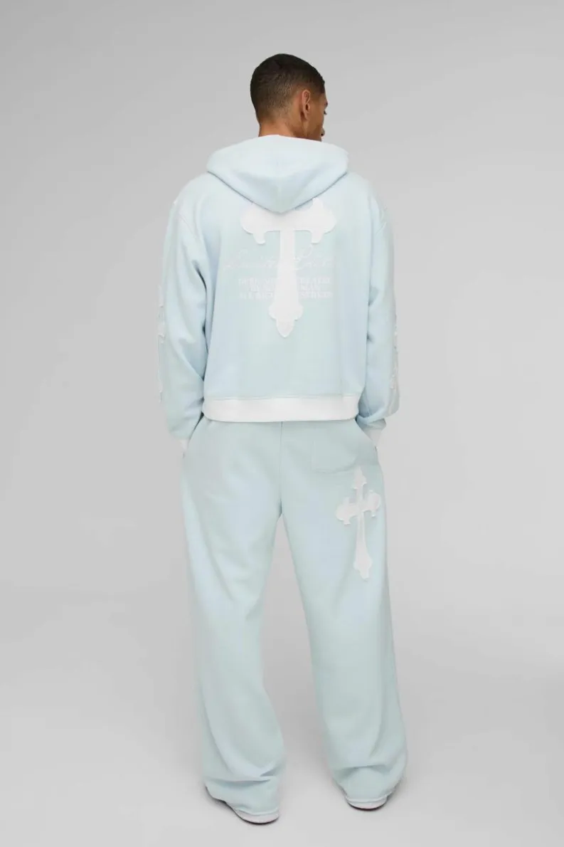 Hot boohooMAN Oversized Boxy Limited Edition Cross Applique Hoodie light blue