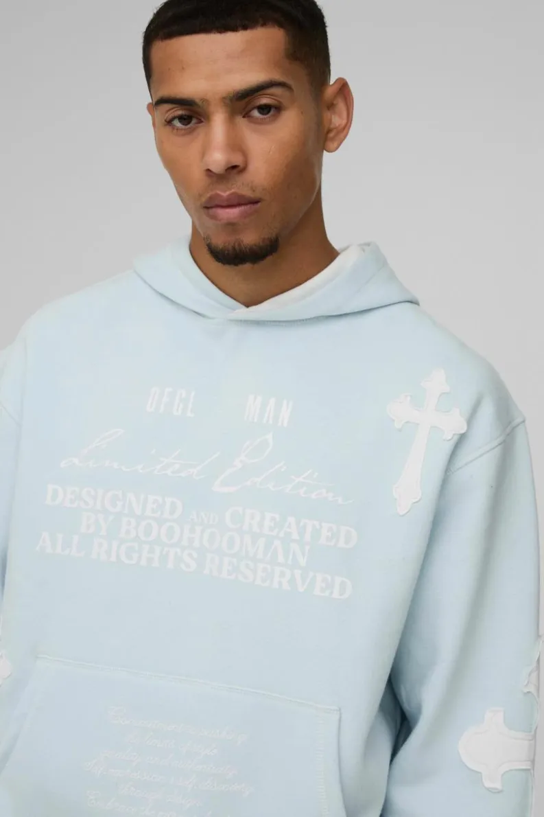 Hot boohooMAN Oversized Boxy Limited Edition Cross Applique Hoodie light blue