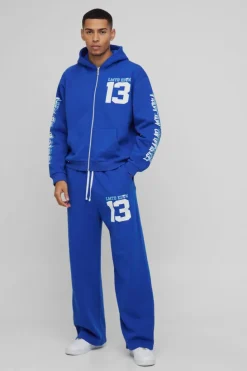 Best boohooMAN Oversized Boxy Limited Varsity Graffiti Zip Through Hooded Tracksuit cobalt