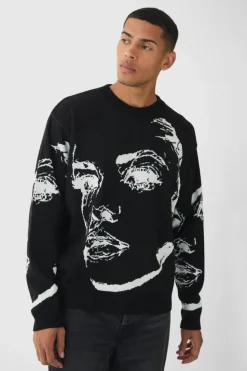 Cheap boohooMAN Oversized Boxy Line Face Knitted Jumper black