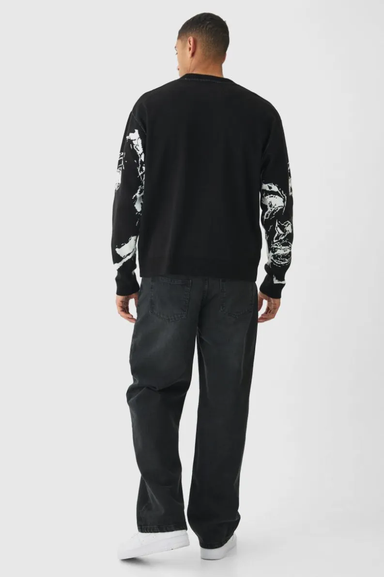Cheap boohooMAN Oversized Boxy Line Face Knitted Jumper black