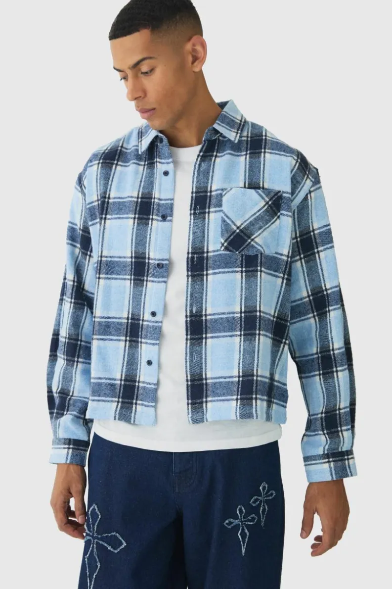 Hot boohooMAN Oversized Boxy Long Sleeve Check Shirt light blue