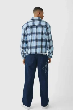 Hot boohooMAN Oversized Boxy Long Sleeve Check Shirt light blue