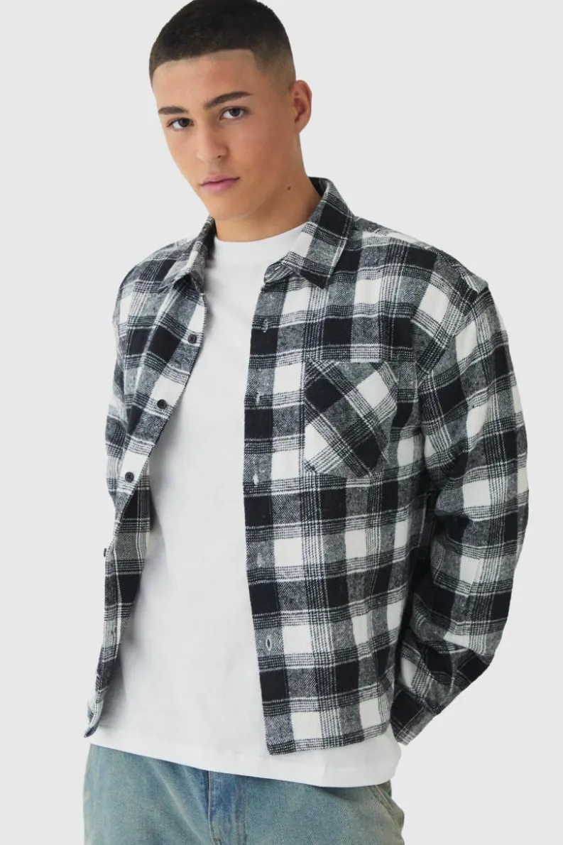 Cheap boohooMAN Oversized Boxy Long Sleeve Check Shirt ecru