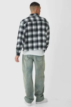 Cheap boohooMAN Oversized Boxy Long Sleeve Check Shirt ecru