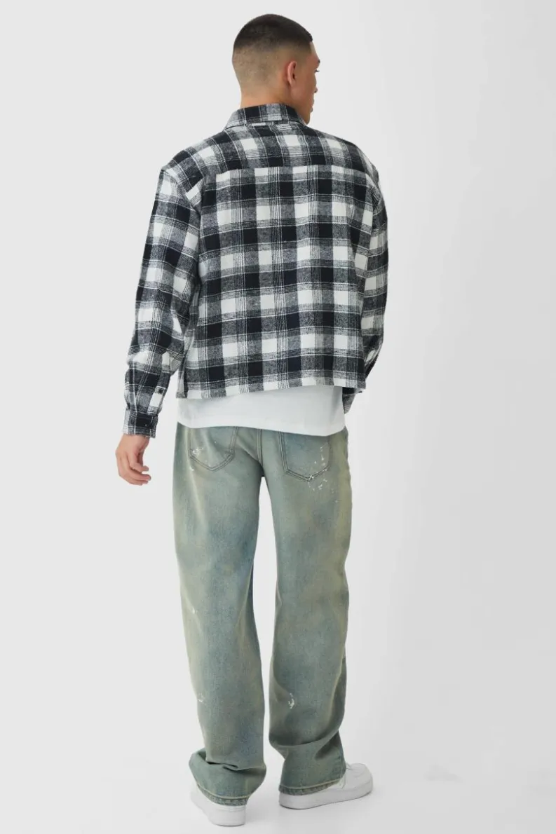 Cheap boohooMAN Oversized Boxy Long Sleeve Check Shirt ecru