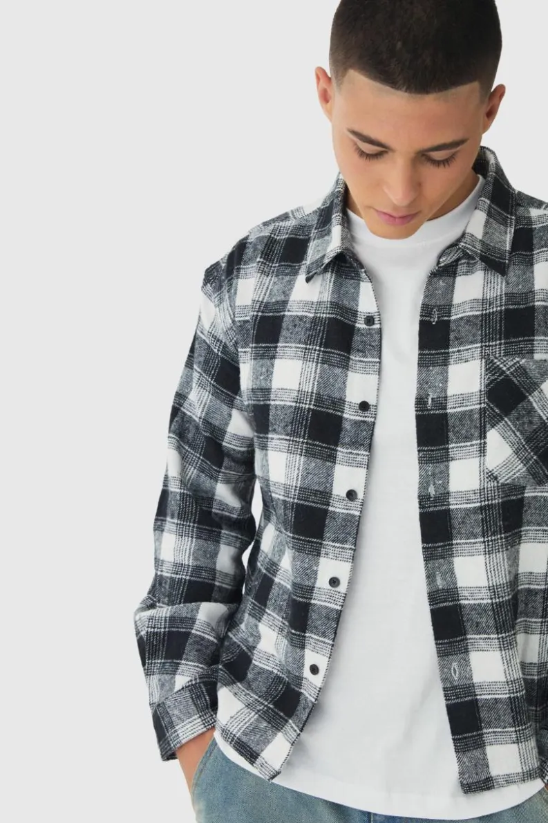 Cheap boohooMAN Oversized Boxy Long Sleeve Check Shirt ecru