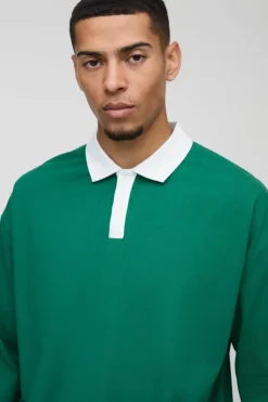 Online boohooMAN Oversized Boxy Long Sleeve Contrast Polo forest