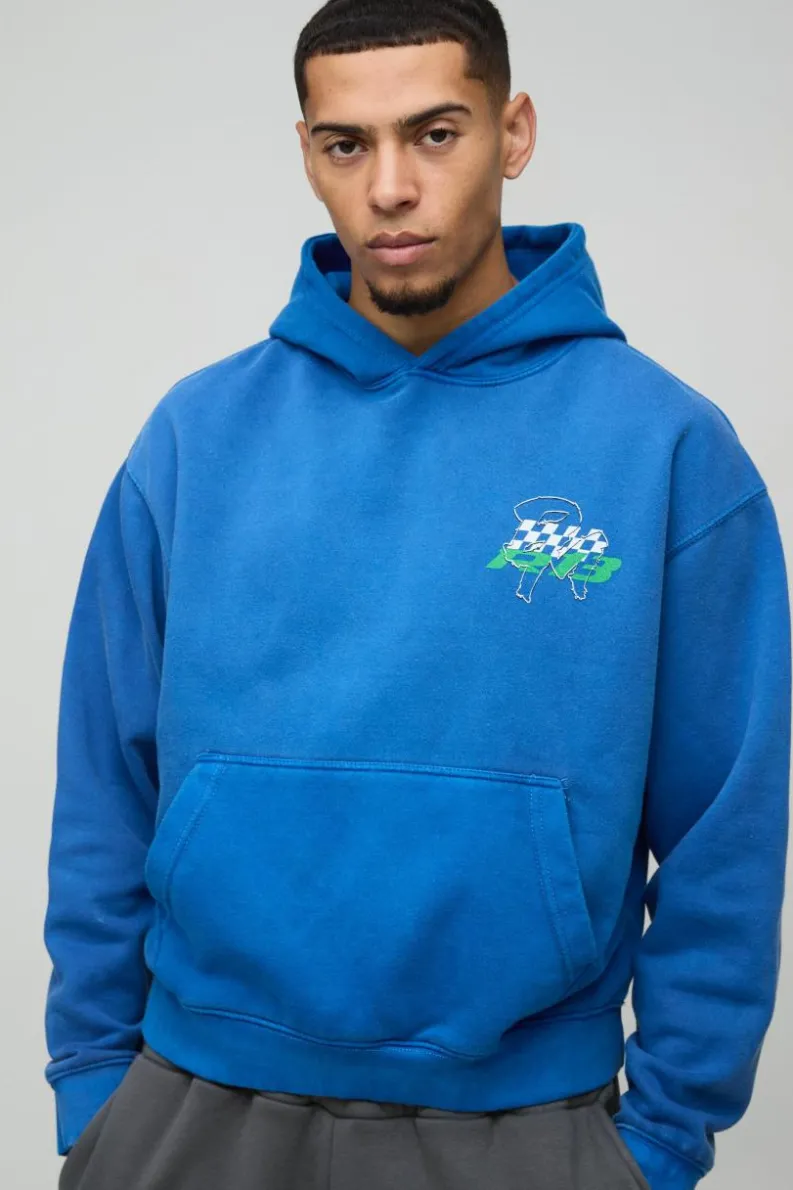 New boohooMAN Oversized Boxy Man Racing Graphic Washed Hoodie dark blue