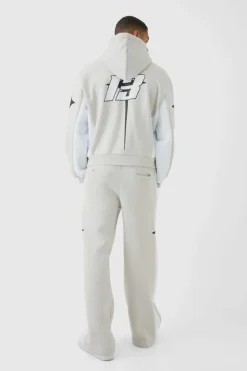 Cheap boohooMAN Oversized Boxy Moto Homme Star Panel Tracksuit grey