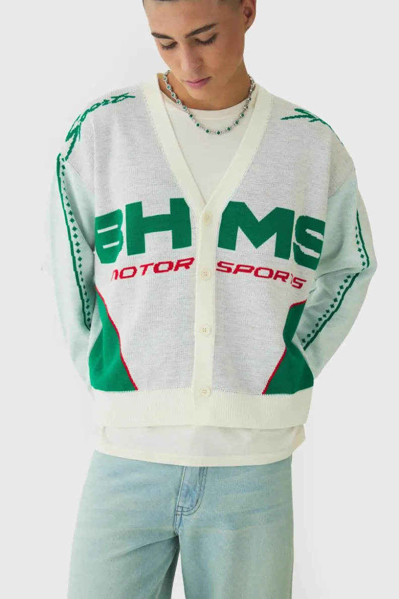 Clearance boohooMAN Oversized Boxy Moto Knitted Cardigan ecru