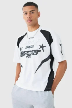 Sale boohooMAN Oversized Boxy Moto Print Extended Neck T-shirt white