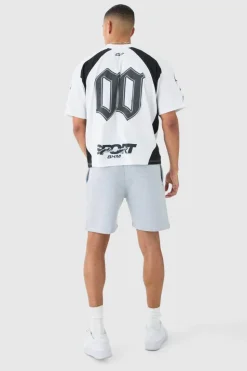 Sale boohooMAN Oversized Boxy Moto Print Extended Neck T-shirt white