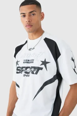 Sale boohooMAN Oversized Boxy Moto Print Extended Neck T-shirt white